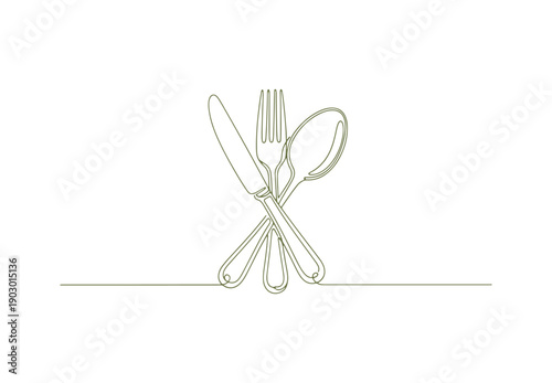 An uninterrupted line drawing of a restaurant logo that includes a knife, fork, and spoon. Vector illustration.

