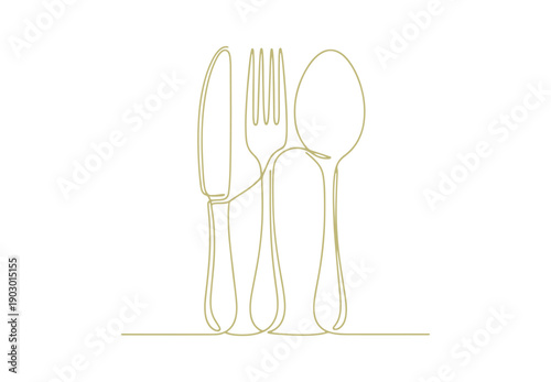 A continuous single line drawing of a restaurant logo featuring a knife, fork, and spoon. Vector illustration.

