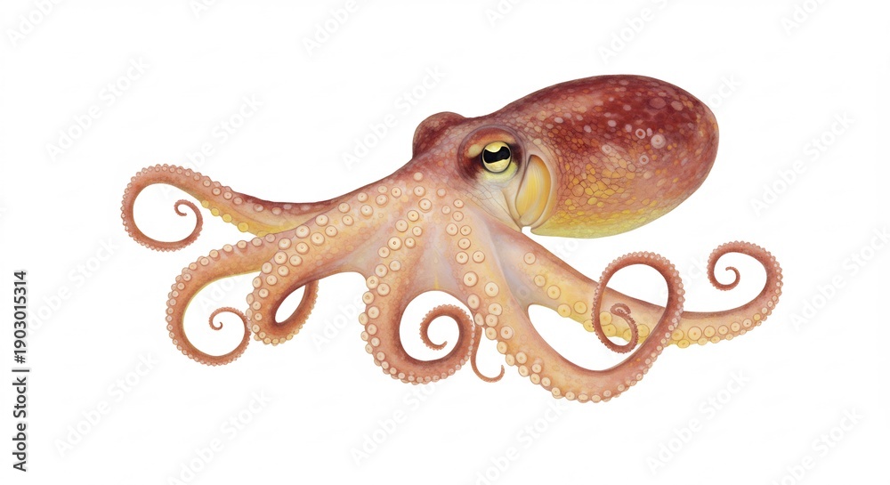 Fototapeta premium Vibrantly detailed watercolor octopus illustration gracefully presenting intricate textures and curling tentacles isolated on white. AI Generated