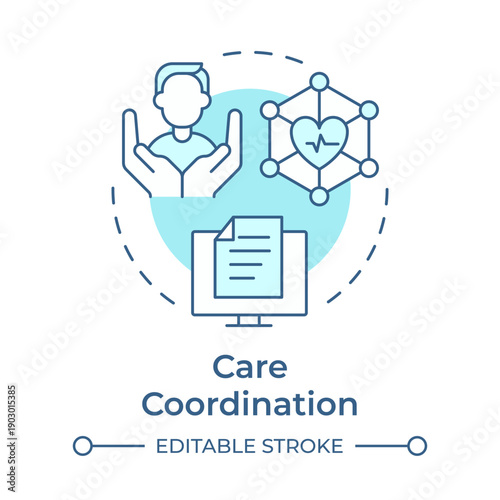 Care coordination soft blue concept icon. Digital health, healthcare technology. Cardiovascular health. Round shape line illustration. Abstract idea. Graphic design. Easy to use in presentation