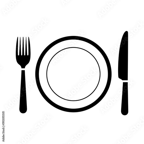 A black and white illustration of a dinner plate with a fork and knife set for a meal.