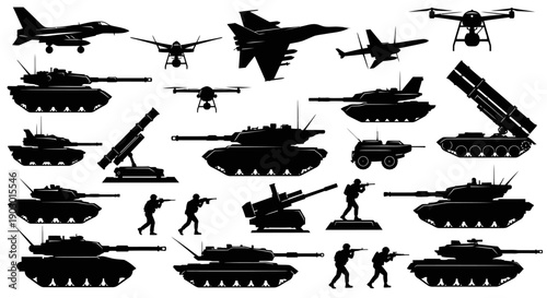Collection of Silhouettes of Military Vehicles, Drones, and Soldiers in Action Poses.