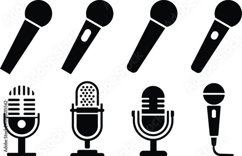 Microphone Icon Set Black Silhouette Audio Recording Broadcasting Equipment Collection