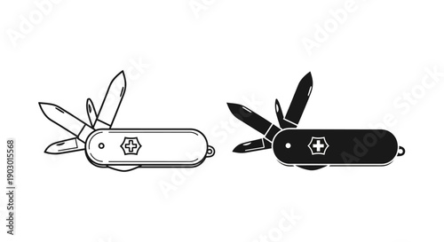 Two illustrations of a Swiss Army knife, one in black and white outline and the other in solid black with white details.