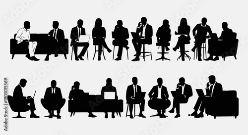 Silhouettes of business people in various poses, some using laptops and phones, in an office or meeting setting.