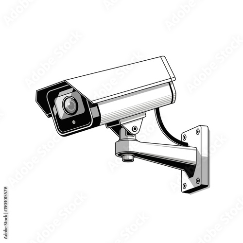 A black and white illustration of a security camera mounted on a wall.
