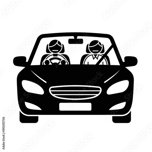 A black and white illustration of two people inside a car, one driving and the other as a passenger.