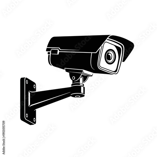 A black and white illustration of a security camera mounted on a wall.