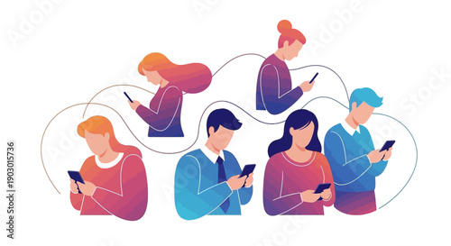 Diverse group of people connected by digital devices, illustrating modern communication and social networking.