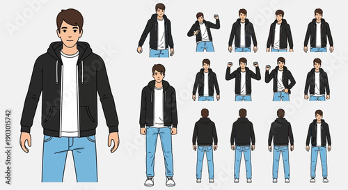 A comprehensive collection of illustrations showcasing a young man in a black zip-up hoodie and blue jeans from various angles and poses.
