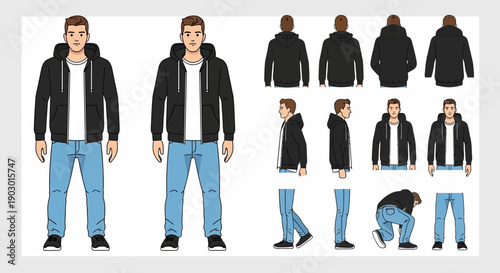 Collection of illustrations showing a man wearing a black hoodie and blue jeans from various angles and poses.