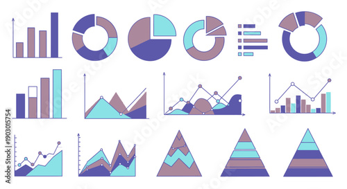 A collection of various types of charts and graphs, including bar charts, pie charts, line graphs, and area charts, presented in a flat design style.