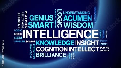 intelligence animated word cloud-text design animation tag kinetic typography seamless loop.