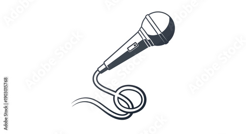 A stylized illustration of a classic microphone with a coiled cord, rendered in a simple, elegant line art style.