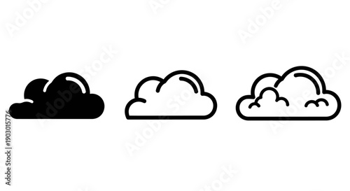 Three stylized cloud icons, one solid black, one outline, and one filled with white.