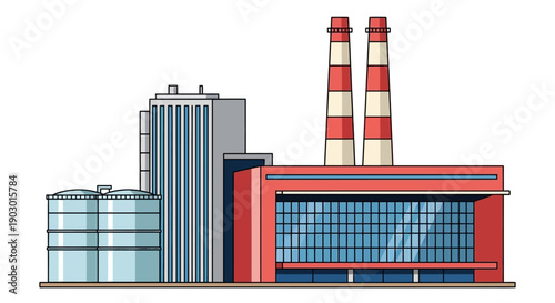 A detailed illustration of a modern industrial factory complex with tall smokestacks and storage tanks.