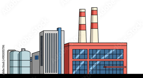 Illustration of a modern industrial factory complex with tall smokestacks and large windows.