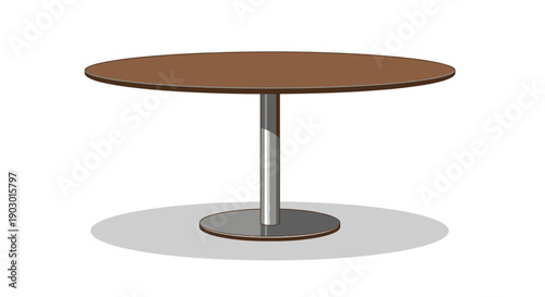 A simple 3D rendering of a round brown wooden table with a single silver pedestal base.