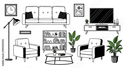 A detailed black and white illustration of a modern living room setup with furniture, plants, and decor.