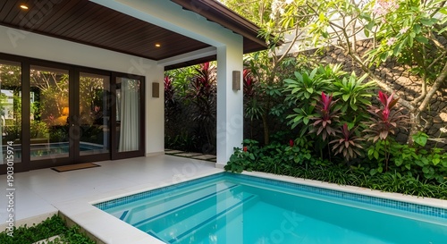Tropical villa private pool with lush green plants and stone wall swimming pool outdoor