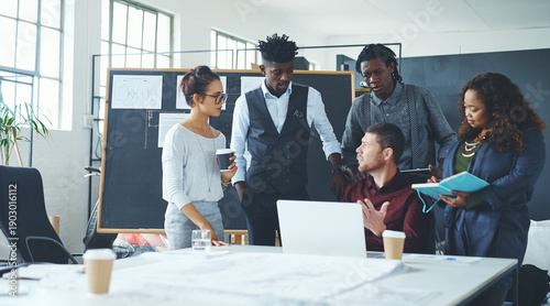 Tableau sur toile Laptop, meeting and team of business people in office with collaboration for planning creative project