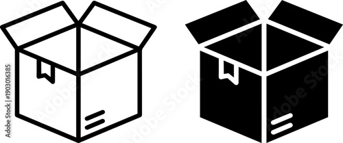 Black and white open box icons for packaging and delivery concepts