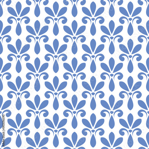 Blue damask pattern with elegant floral ornaments on white background. Seamle...