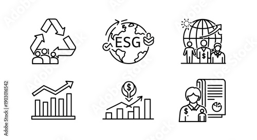 ESG Icons Set: Sustainability, Business Growth, Finance, and People
