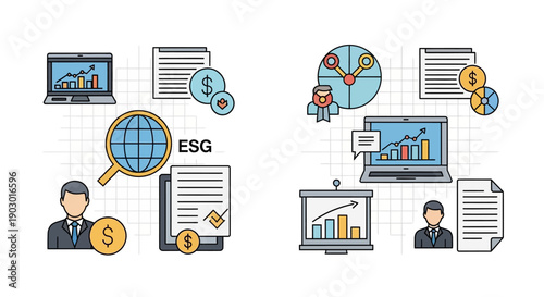 ESG investment concept, business growth, financial analysis, and corporate responsibility