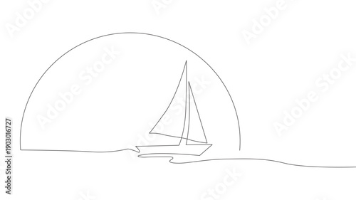 Sunset Ship Line Art Vector Image. 