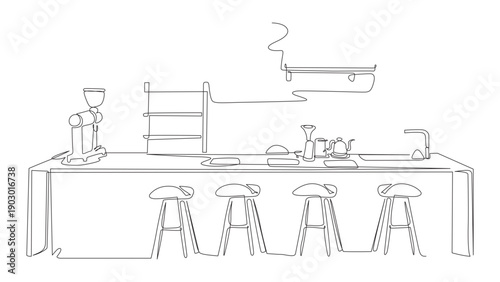 One continuous line drawing of a coffeehouse, coffee shop or cafe concept. Doodle vector illustration in simple linear style. 