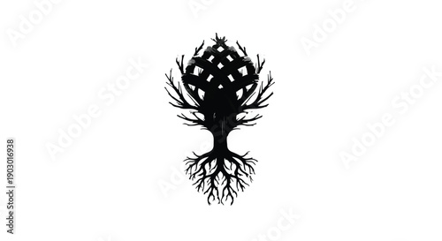 Abstract silhouette of a stylized tree with intricate branches and roots against a white background.
