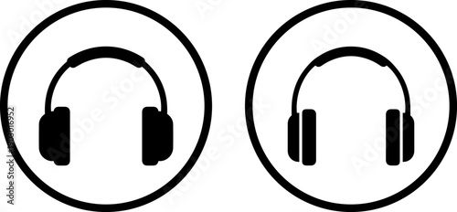 Black icons of headphones in circles for audio or music themes
