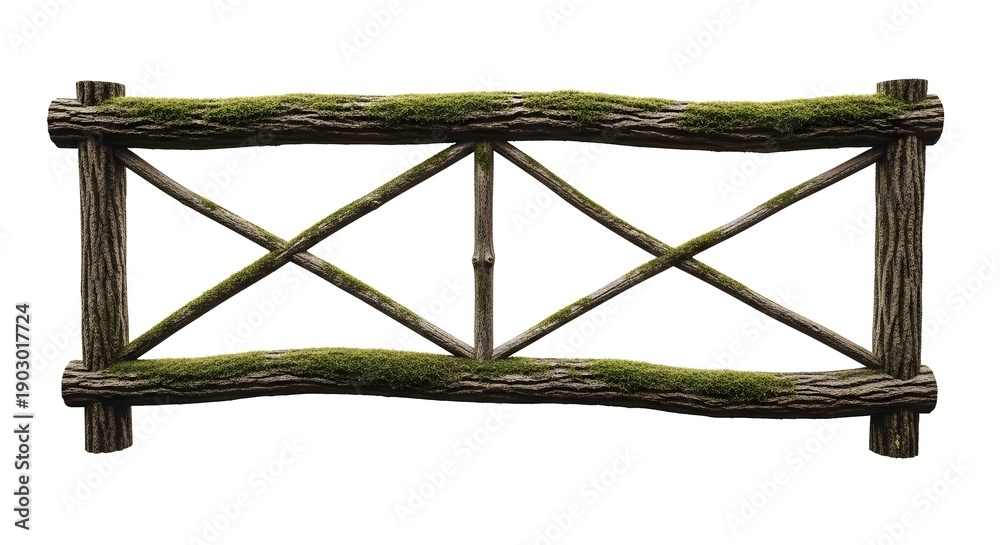 Naklejka premium A rustic wooden fence with mossy details and crisscross design