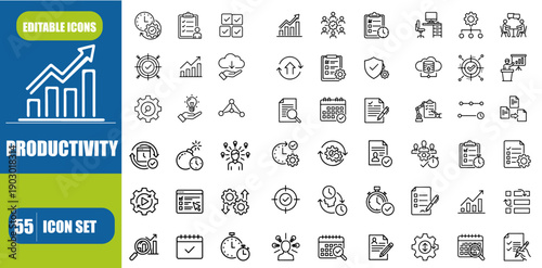 Productivity Line Icon Set – Time Management, Efficiency & Workflow Vector Illustration
