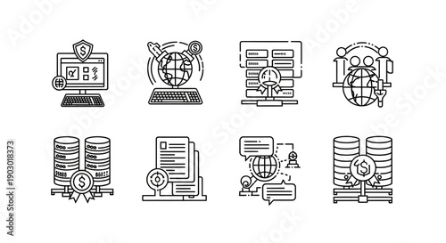 Technology Icons: Data, Security, Network, Global Business, Database, Communication