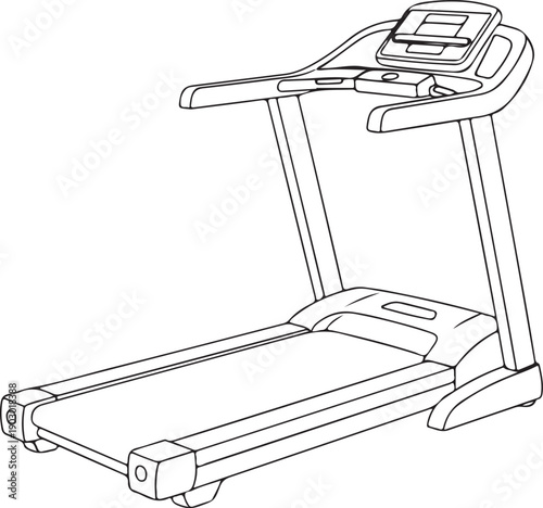 A detailed line drawing of a treadmill with a console and handlebars. Vector