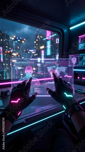 Futuristic Workspace with Holographic Interface and Neon Lights Overlooking a Rainy City