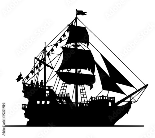 Black silhouette of a majestic 17th-century galleon sailing ship. This high-contrast nautical vector features detailed rigging, billowing sails, and flags on a clean.