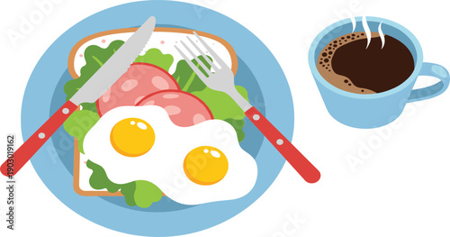 Flat vector illustration of a healthy breakfast featuring fried eggs on toast with ham and lettuce served with a cup of hot black coffee.