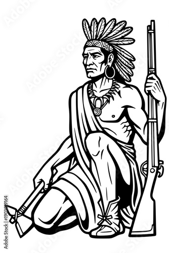 Native American warrior kneeling in a bold black and grey vector line art style. The figure wears a traditional feathered headdress and necklace, holding a tomahawk and a long rifle musketry.