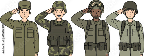 Flat line art vector illustration of a diverse group of four male soldiers in various military uniforms and camouflage gear saluting with respect.