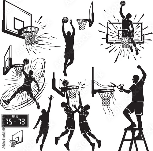 Basketball Silhouettes Set with Slam Dunks, Hoop Actions, and Game Moments