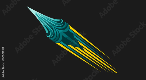 A dynamic abstract graphic featuring a sleek, stylized teal and yellow object streaking across a dark background, symbolizing speed and innovation.
