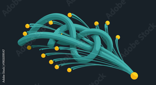 An intricate abstract illustration depicting a complex network of flowing teal lines connected by glowing yellow spheres, symbolizing global communication, data transfer, and technological