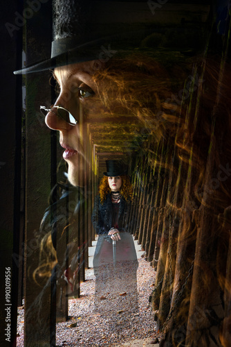 Composite image/illustration of an Old-fashioned woman, Burlington Bertie type character set against wooden and metal supports on a riverbank beach, Thames, London, 