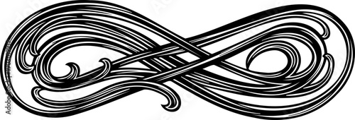 A stylized infinity symbol illustration with elegant swirling lines and curves in black and white