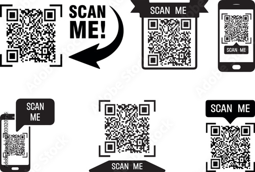 collection of qr code scan me labels and smartphone scanning icons for digital access
