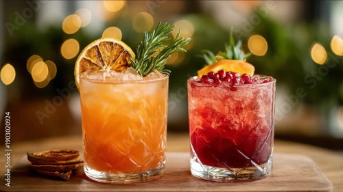 Festive cranberry cocktails with rosemary garnish on holiday background. Christmas Cocktail and Mocktail Pairings