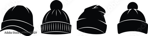 Black silhouette winter hat collection featuring beanie caps and knit headwear styles, minimalist vector icons for cold weather fashion isolated on white